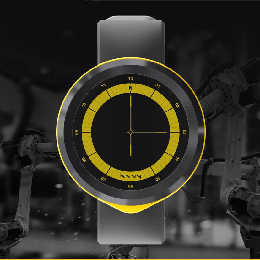 NIVY Watch industrial smartwatch with gold bezel against a factory backdrop